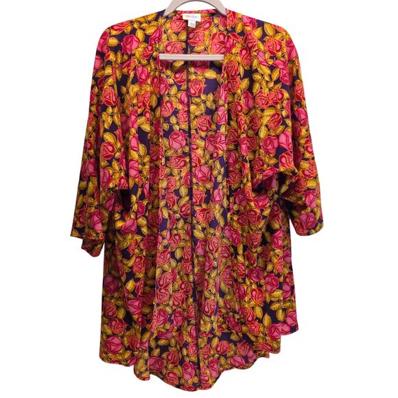 LuLaRoe LLR Pink Rose, Gold Leaf & Dark Purple Lindsay Women's Kimono Size Large - Picture 1 of 10